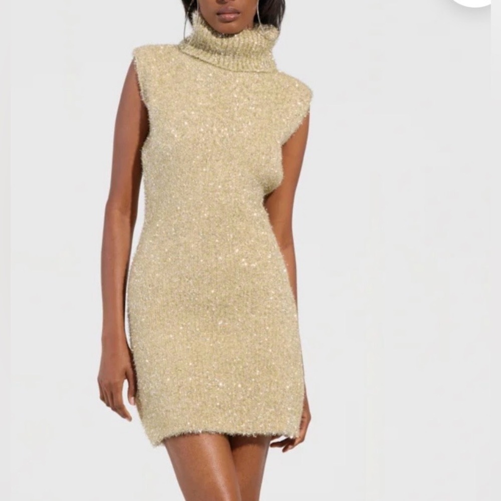 Akira Gold Sparkle Turtleneck Mini Dress